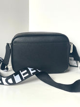 Load image into Gallery viewer, Black leather camera bag with a visible brand logo on a white background