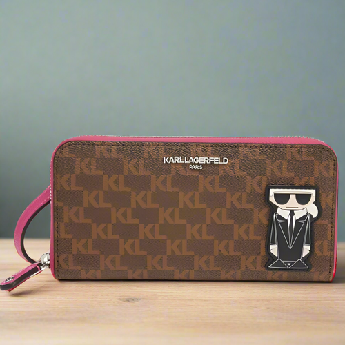 Karl Lagerfeld Slim Wallet Crossbody Brown Ikon Logo Zip Around Shoulder Bag Pink