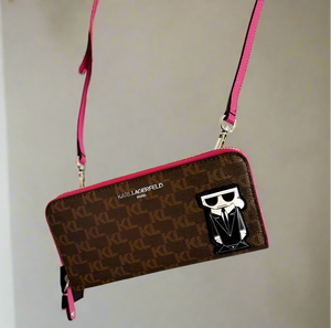 Karl Lagerfeld Slim Wallet Crossbody Brown Ikon Logo Zip Around Shoulder Bag Pink