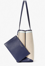 Load image into Gallery viewer, Kate Spade All Day Tote Large Beige Canvas Blue Leather Trim Wristlet Lightweight