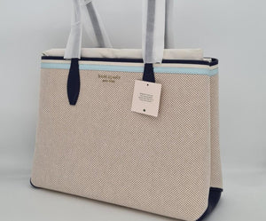 Kate Spade All Day Tote Large Beige Canvas Blue Leather Trim Wristlet Lightweight