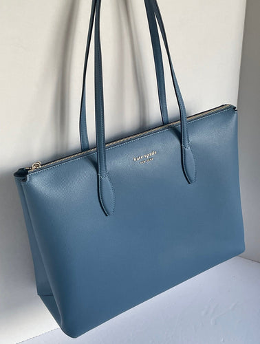 Kate Spade All Day Zip Work Tote Large Blue Leather Laptop Shoulder Bag Manta