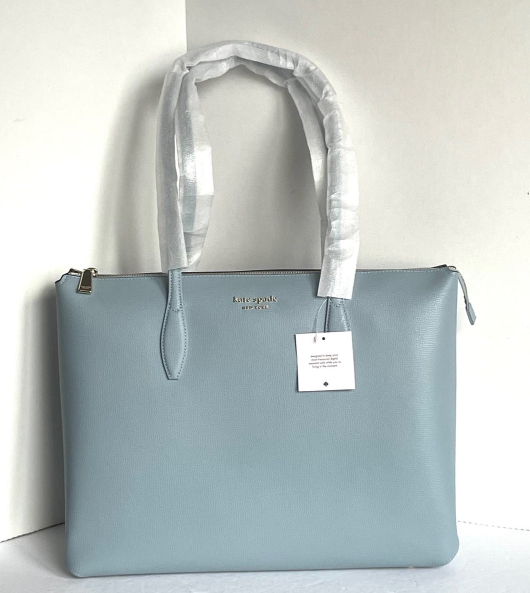 Kate Spade All Day Zip Work Tote Large Blue Leather Laptop Shoulder Bag Ocean