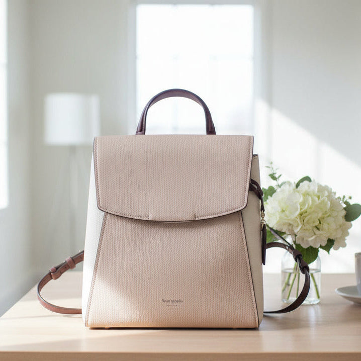 beige leather kate spade backpack Kate Spade Grace Medium Backpack Leather Beige Colorblock Womens Flap – Luxe Fashion Finds