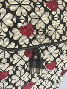 Kate Spade Backpack Womens Medium Black Floral Jacquard Hearts Flap Leather trim