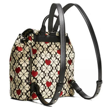 Load image into Gallery viewer, Kate Spade Backpack Womens Medium Black Floral Jacquard Hearts Flap Leather trim