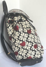 Load image into Gallery viewer, Kate Spade Backpack Womens Medium Black Floral Jacquard Hearts Flap Leather trim