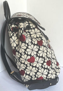 Kate Spade Backpack Womens Medium Black Floral Jacquard Hearts Flap Leather trim