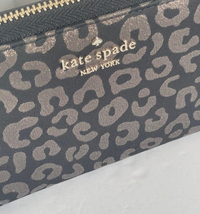 Kate Spade Chelsea Wallet Womens Black Large Leopard Nylon Continental Accordian