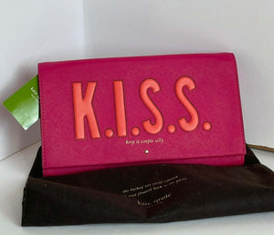 Kate Spade Clutch Womens Pink Leather Love Birds KISS Vintage Tally Foldover Bag