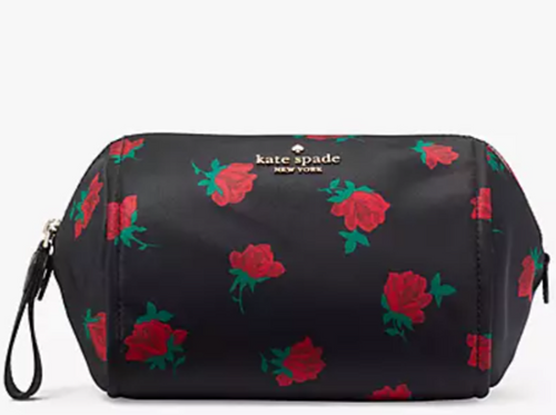 Kate Spade Cosmetic Case Small  Nylon Pouch Chelsea Rose Toss Black Floral KE611