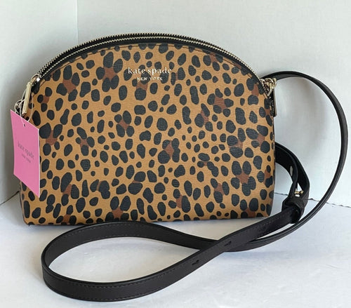 Kate Spade Crossbody Womens Leopard Brown Leather Dome Spencer Double Zip