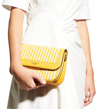 Load image into Gallery viewer, Kate Spade Crossbody Womens Medium Yellow Clutch Leather Straw Buddie Striped