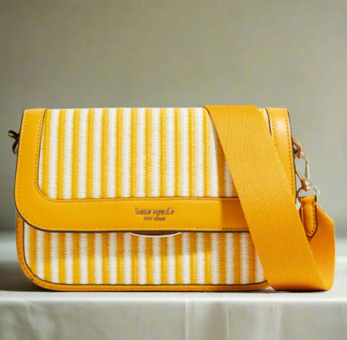 Kate Spade Crossbody Womens Medium Yellow Clutch Leather Straw Buddie Striped