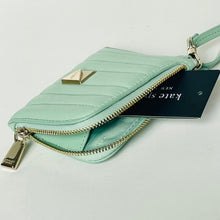 Load image into Gallery viewer, Light blue wallet with gold zipper and tag on a light gray background