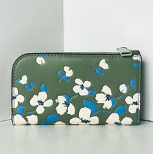 Load image into Gallery viewer, Green wallet with white and blue floral pattern on a light gray background