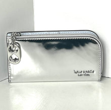 Load image into Gallery viewer, Silver metallic wallet with a heart-shaped clasp on a white background