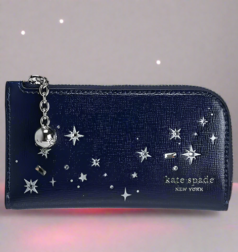 Kate Spade Devin Star Glitter Small Slim Bifold Wallet Blue Patent Leather Crystals