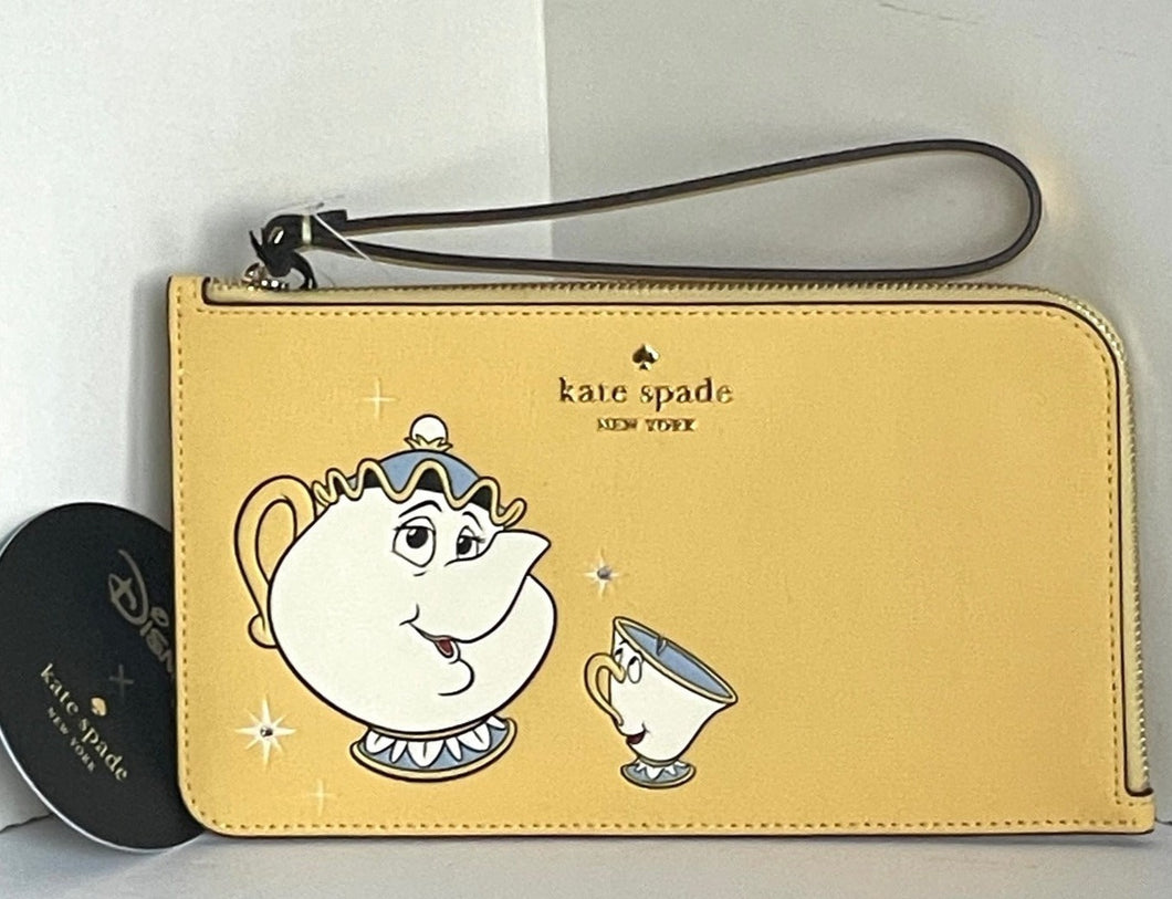 Kate Spade Disney L-Zip Wristlet Beauty And The Beast Medium Wallet Mrs Potts Chip