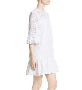 Kate Spade Dress Womens 00 White Mini Shift Ruffled Hem Floral Lace Lined