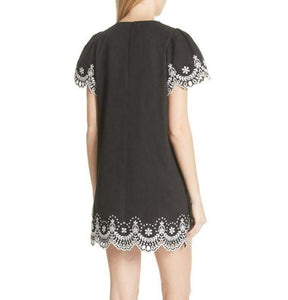 Kate Spade Dress Womens Small Black Shift Short Sleeve Cotton Floral Embroidered