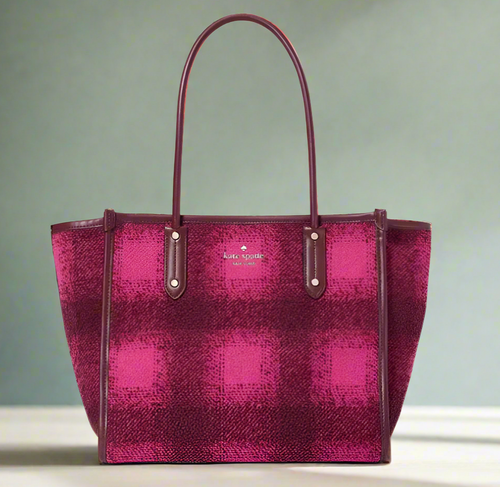 Kate Spade Ella Plaid Tweed Tote Bright Rose Black Medium Shoulder Bag