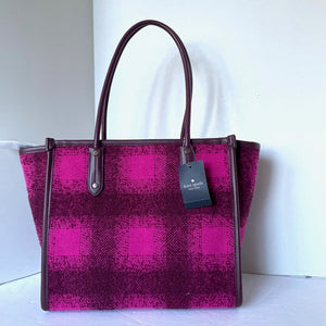 Kate Spade Ella Plaid Tweed Tote Bright Rose Black Medium Shoulder Bag