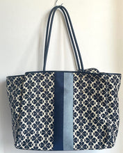 Load image into Gallery viewer, Kate Spade Everything Tote Large Blue Jacquard Stripe Spade Flower w Wristlet