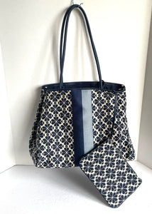 Kate Spade Everything Tote Large Blue Jacquard Stripe Spade Flower w Wristlet