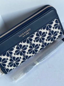 Kate Spade Flower Jacquard Wallet Womens Blue Zip Around Continental Wristlet