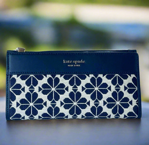 Kate Spade Flower Jacquard Zip Slim Wallet Blue Bifold Snap Leather Medium