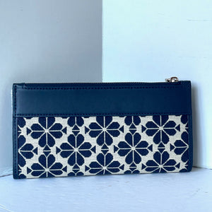 Kate Spade Flower Jacquard Zip Slim Wallet Blue Bifold Snap Leather Medium