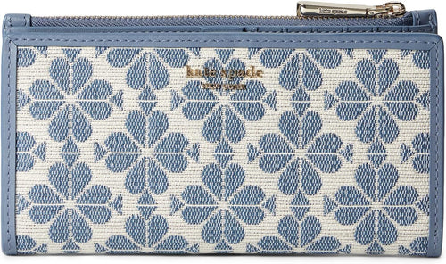 Kate Spade Flower Jacquard Zip Slim Wallet Womens Blue Leather Snap Bifold