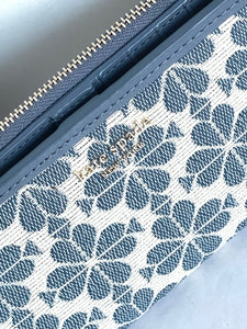 Kate Spade Flower Jacquard Zip Slim Wallet Womens Blue Leather Snap Bifold