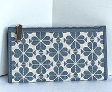 Load image into Gallery viewer, Kate Spade Flower Jacquard Zip Slim Wallet Womens Blue Leather Snap Bifold