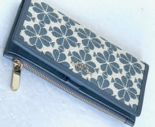 Load image into Gallery viewer, Kate Spade Flower Jacquard Zip Slim Wallet Womens Blue Leather Snap Bifold