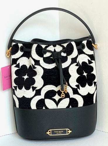 Kate Spade Gramercy Chenille Medium Bucket Bag Black Flower Monogram Crossbody