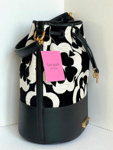 Kate Spade Chenille Flower Monogram Gramercy Medium Bucket Bag Black White