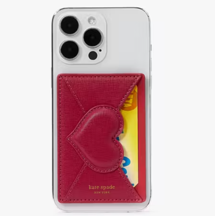 Kate Spade Heart Pitter Patter Phone Sticker Pocket Red Leather Card Holder Applique