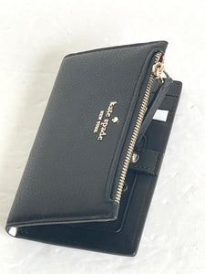 Kate Spade Jackson Small Slim Bifold Wallet Womens Black Leather Zip Snap