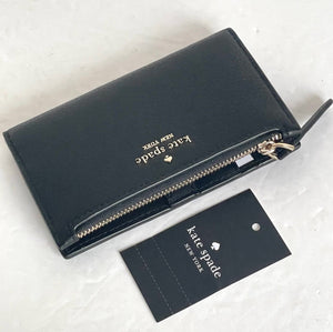 Kate Spade Jackson Small Slim Bifold Wallet Womens Black Leather Zip Snap