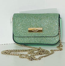 Load image into Gallery viewer, Green glittery handbag with gold chain on a white background