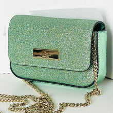 Load image into Gallery viewer, Green glitter handbag with gold chain strap on a white background