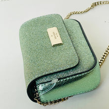Load image into Gallery viewer, Green glittery handbag with a gold chain on a white background