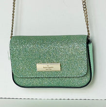 Load image into Gallery viewer, Green glittery handbag with a chain strap on a white background