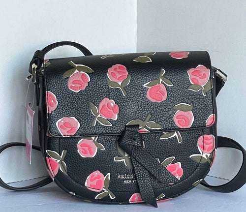 Kate Spade Knott Crossbody Ditsy Rose Womens Black Leather Medium Saddle Bag