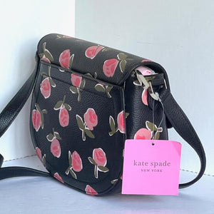 Kate Spade Knott Crossbody Ditsy Rose Womens Black Leather Medium Saddle Bag