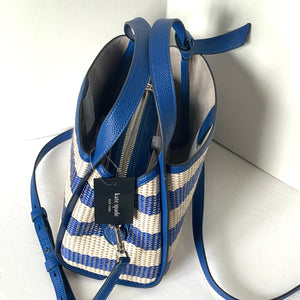 Kate Spade Knott Striped Medium Crossbody Tote Blue Woven Leather Tote