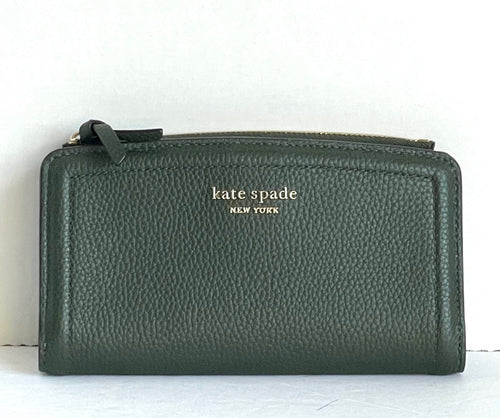 Kate Spade Knott Wallet Womens Green Leather Bifold Slim Zip Pocket Snap Billfold