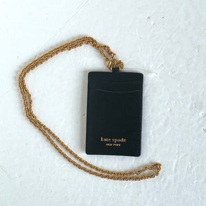 Kate Spade Lanyard ID Card Holder Black Leather Detachable Chain Gold